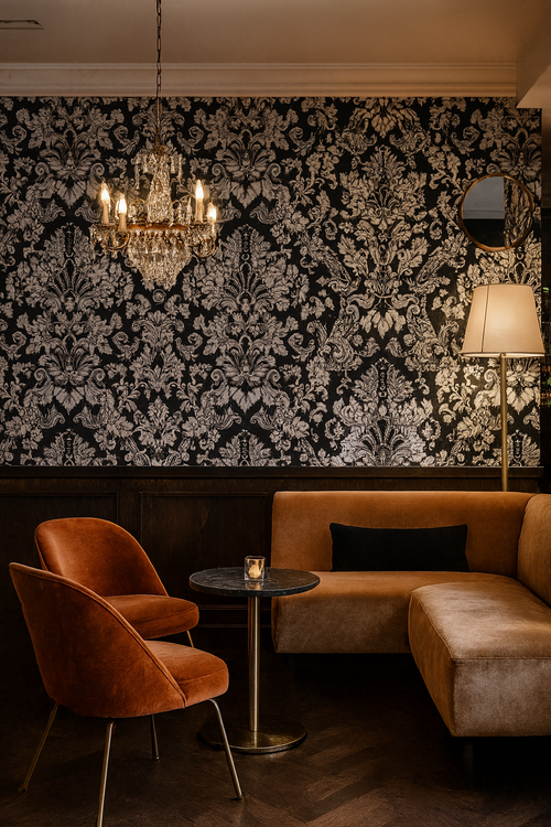 Decorative wall with intricate pattern, chandelier, and brown furniture in a stylish room.